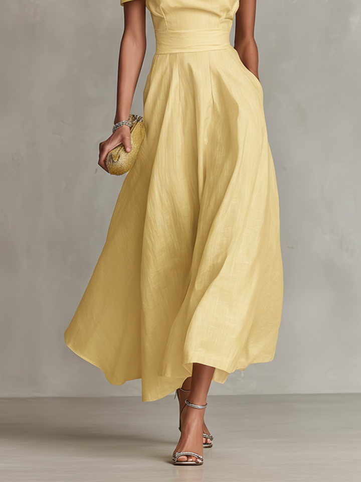 Women's Yellow Soft Dress With One-Shoulder Neckline & Fitted Waist, Timeless Elegant-Chic Style Dress