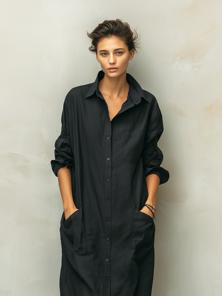 Women's Casual Black Cotton Linen Blend Shirt Collar Long Sleeve Dress