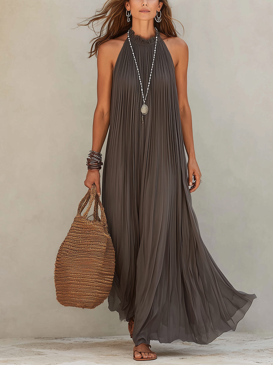 LIRA | Maxi Halter Pleated Dress Gray