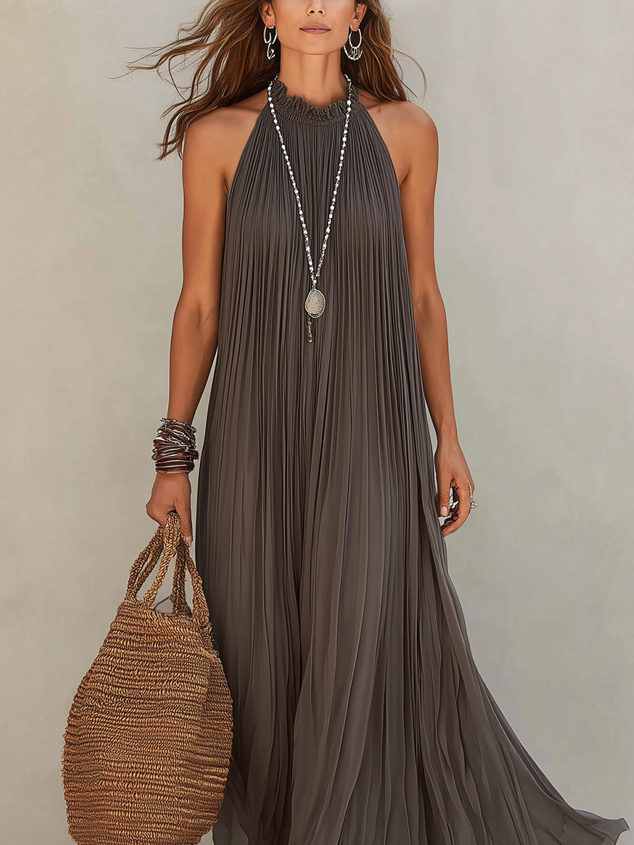 LIRA | Maxi Halter Pleated Dress Gray