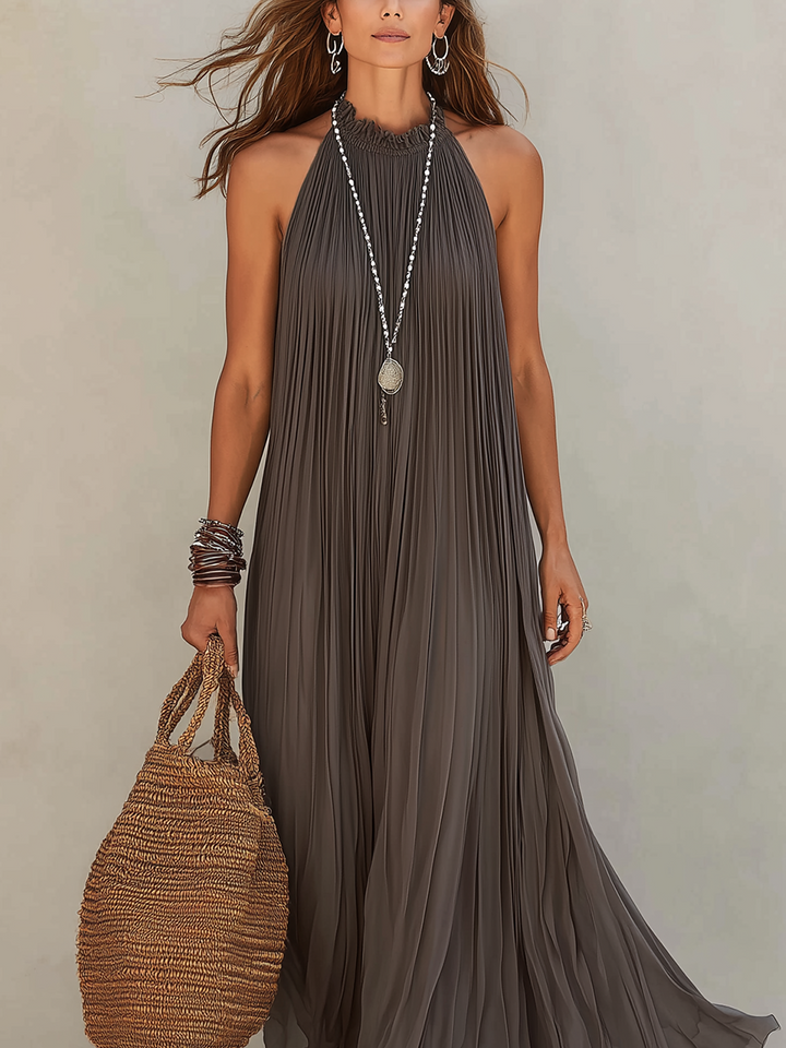 LIRA | Maxi Halter Pleated Dress Gray
