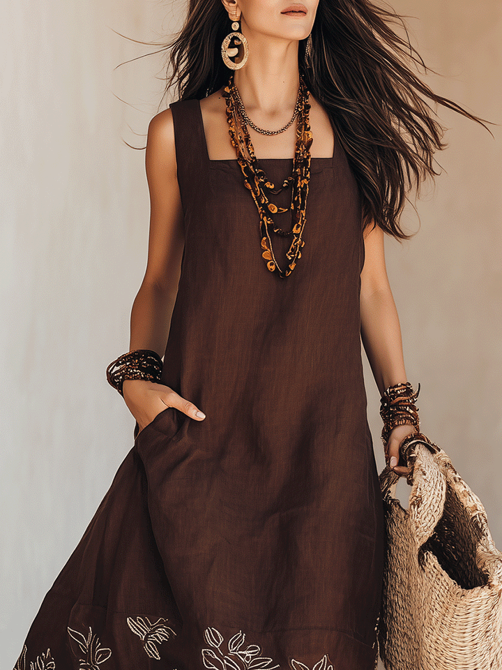 NOEMI | Midi Linen Boho Embroidered Dress