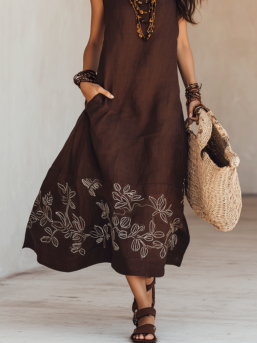 NOEMI | Midi Linen Boho Embroidered Dress