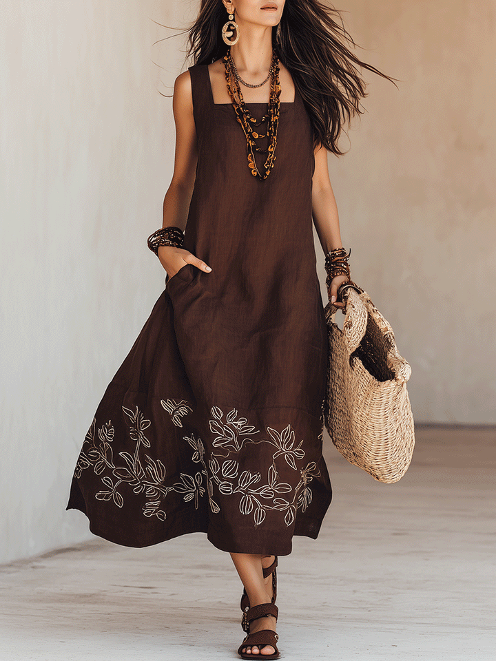 NOEMI | Midi Linen Boho Embroidered Dress