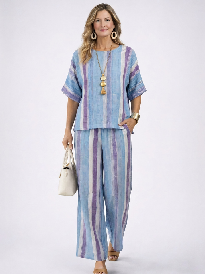 Faelith | Elegant Mauve Pastel Top & Striped Linen Pants