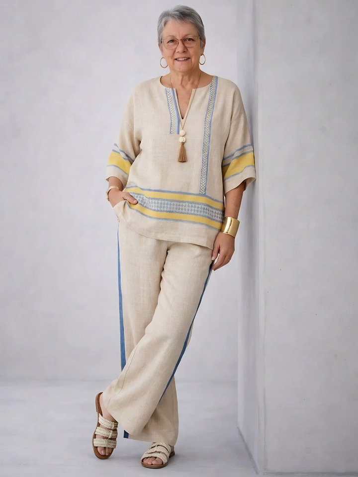 Jaxmere | Comfortable Blue-Yellow Mediterranean Top & Linen Pants