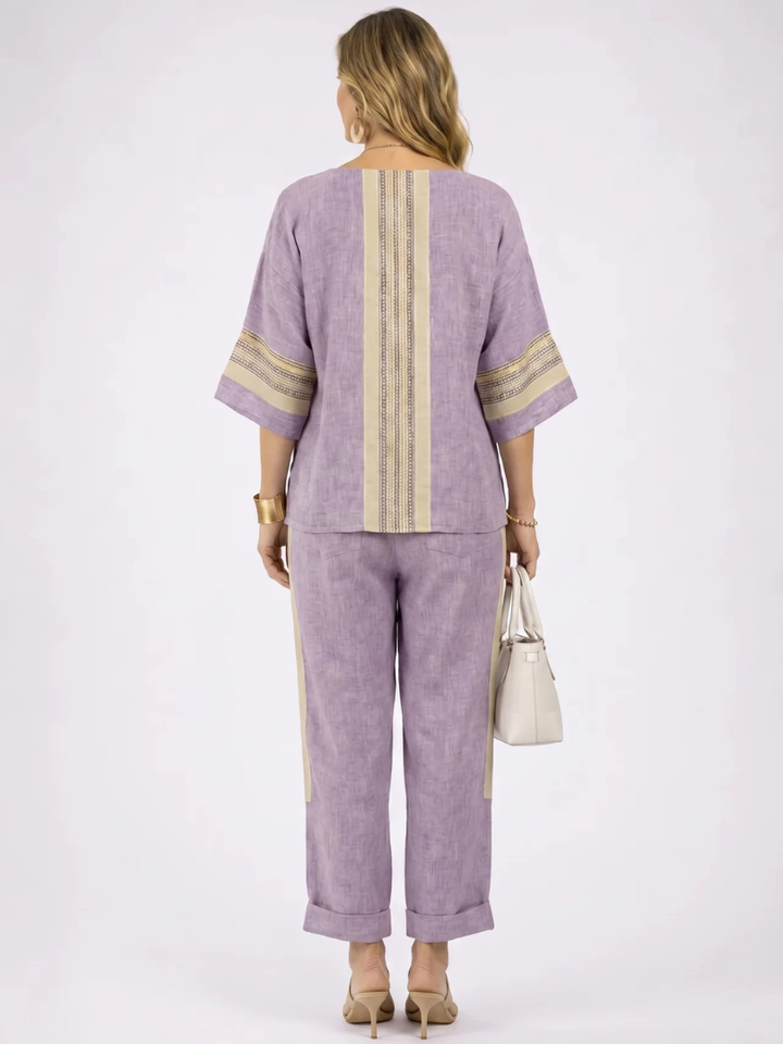 Elowric | Elegant Lavender Top & Mustard Striped Pants