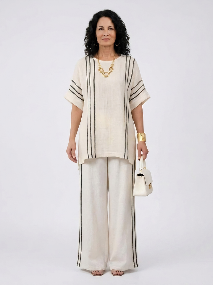 Greysen | Elegant Ivory Linen Blouse & Black Striped Pants