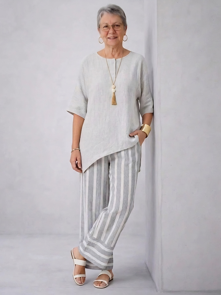 Talvora | Elegant Asymmetrical Blouse & Striped Pants