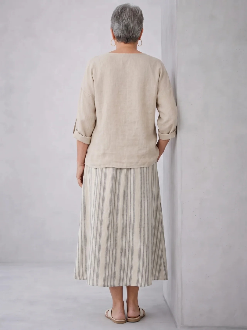 Aurcyn | Comfortable Loose Blouse & Striped Midi Skirt