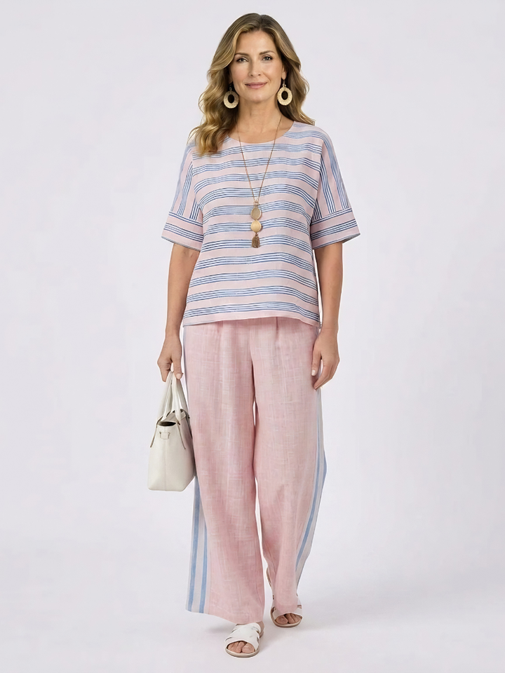 Virella | Elegant Pink-Blue Linen Blouse & Soft Pants