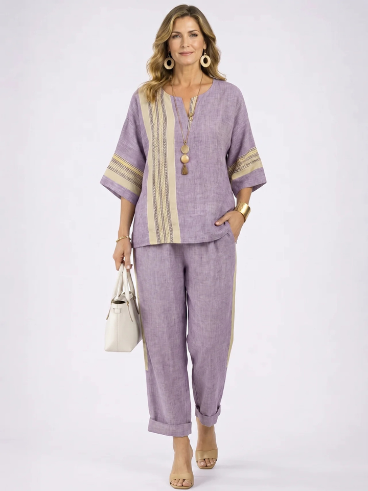 Elowric | Elegant Lavender Top & Mustard Striped Pants