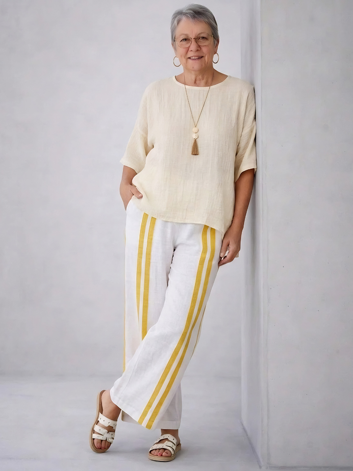 Anselor | Elegant Yellow Striped Linen Top & Wide-Leg Pants