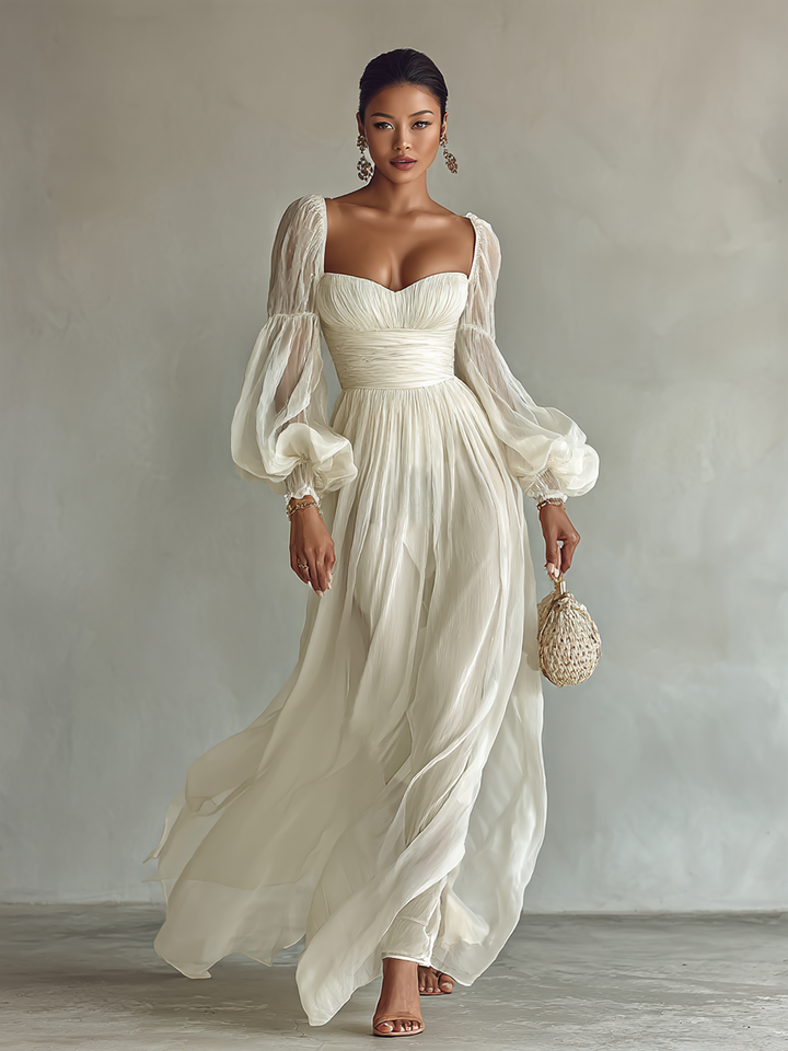 Women's Soft Fabric Square Neck Long Sleeve Waist Maxi Dress