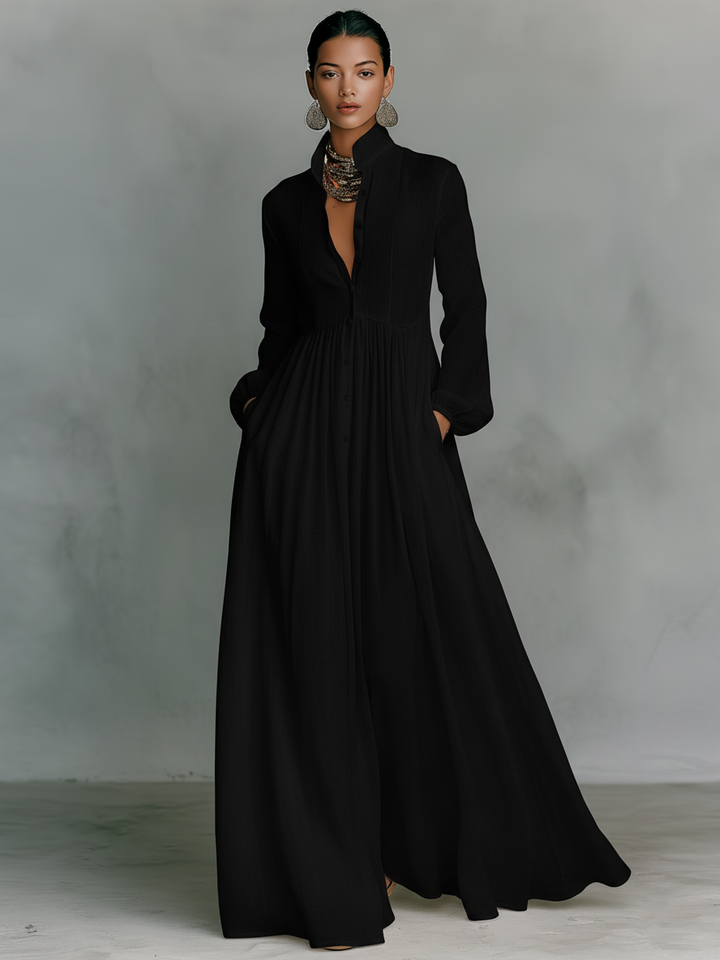 Women's Minimalist Patchwork Single-breasted Stand-up Collar Long-sleeved Maxi Dress