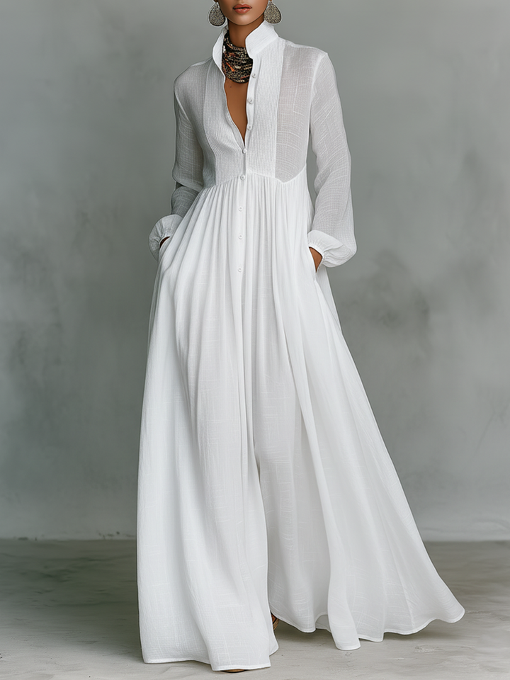 Women's Minimalist Patchwork Single-breasted Stand-up Collar Long-sleeved Maxi Dress