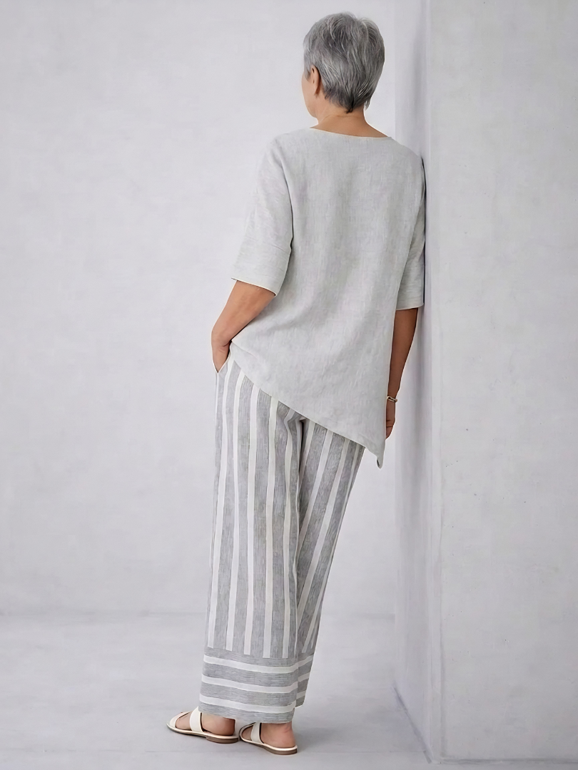 Talvora | Elegant Asymmetrical Blouse & Striped Pants