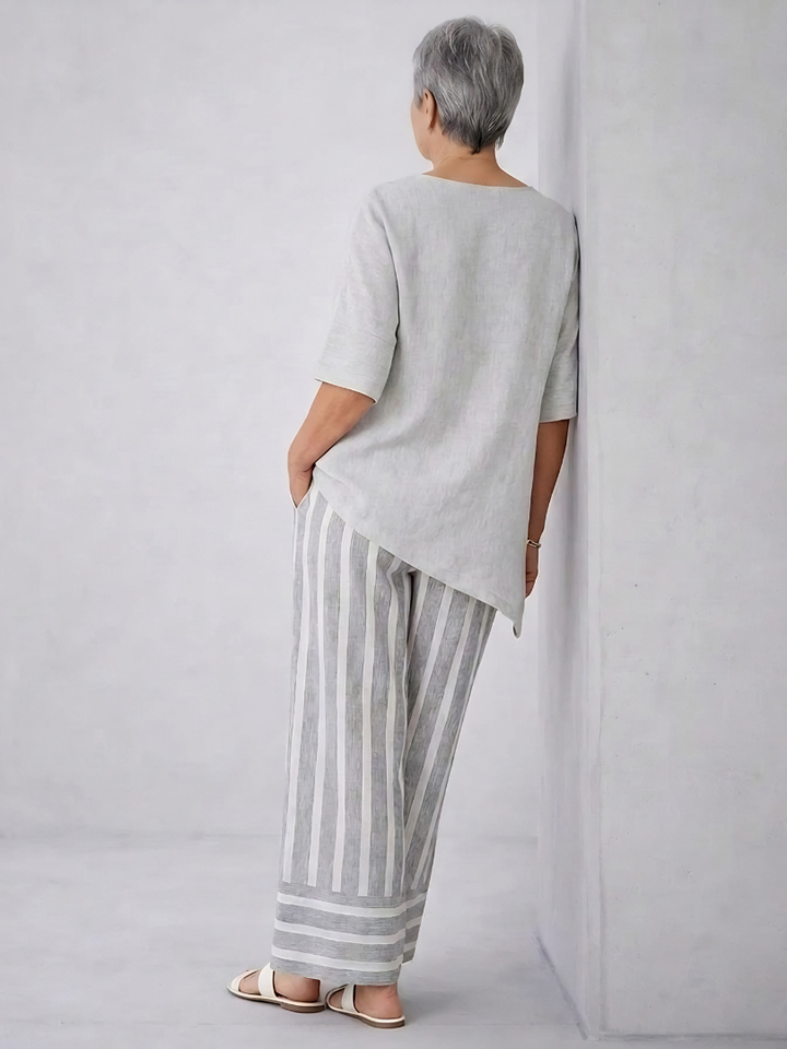 Talvora | Elegant Asymmetrical Blouse & Striped Pants