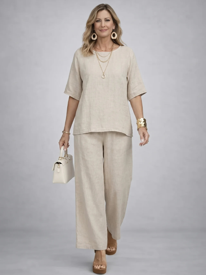 Drevon | Comfortable Minimalist Raw Blouse & Wide-Leg Pants