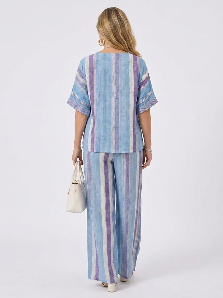 Faelith | Elegant Mauve Pastel Top & Striped Linen Pants
