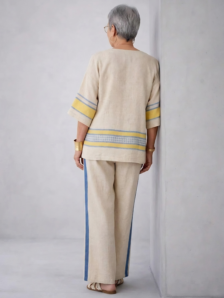 Jaxmere | Comfortable Blue-Yellow Mediterranean Top & Linen Pants