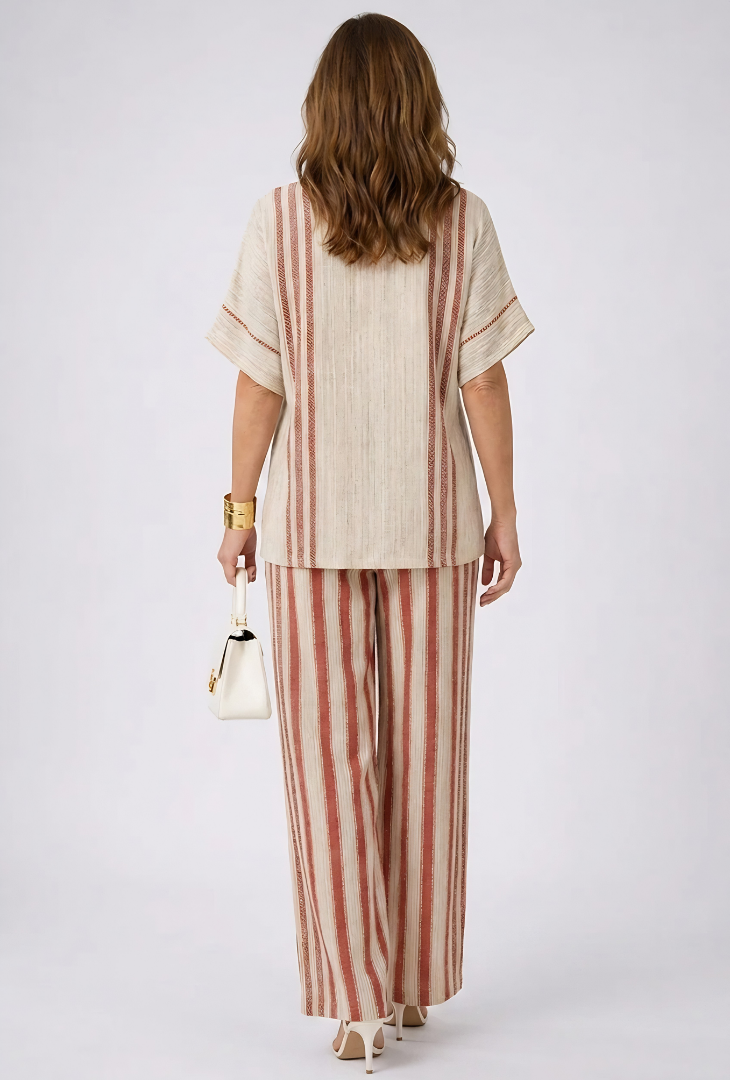 Mirella | Sophisticated Textured Red-Stripe Top & Linen Pants