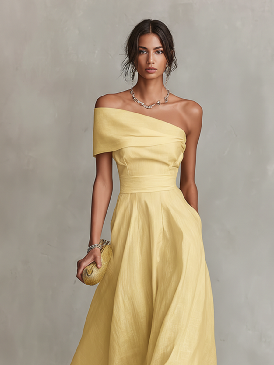 Women's Yellow Soft Dress With One-Shoulder Neckline & Fitted Waist, Timeless Elegant-Chic Style Dress