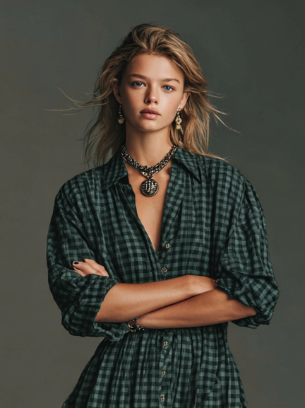 Women's Plaid Long Sleeve Shirt Maxi Dress