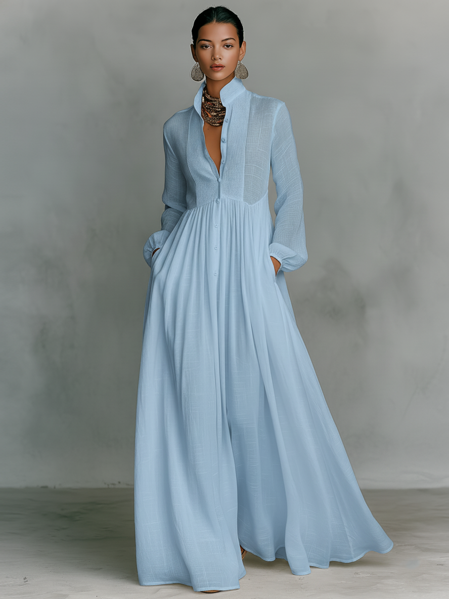 Women's Minimalist Patchwork Single-breasted Stand-up Collar Long-sleeved Maxi Dress