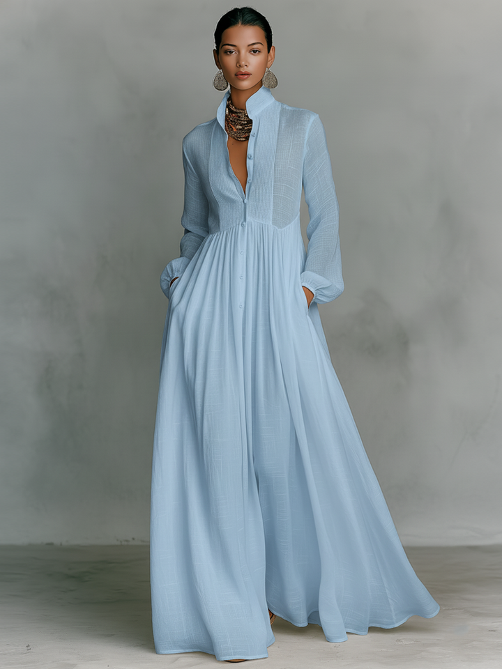 Women's Minimalist Patchwork Single-breasted Stand-up Collar Long-sleeved Maxi Dress
