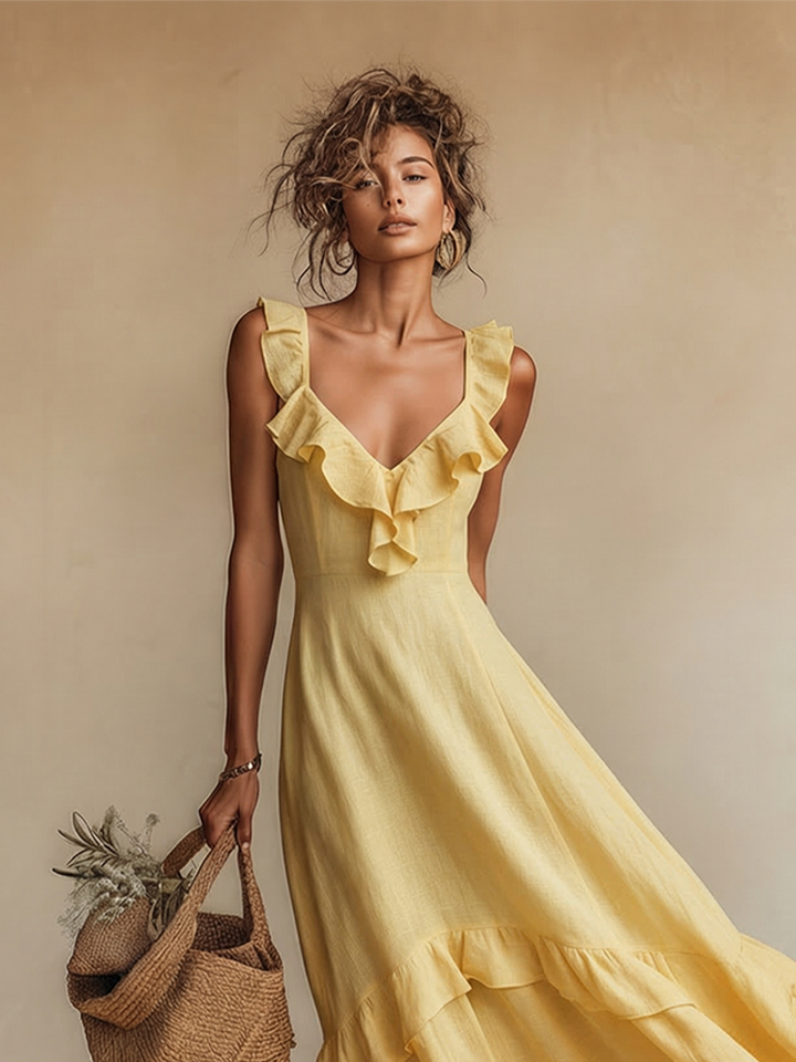 Women's Yellow Linen Dress With Ruffle V-Neck & Ruffled Hem, Timeless Boho-Resort Style Dress