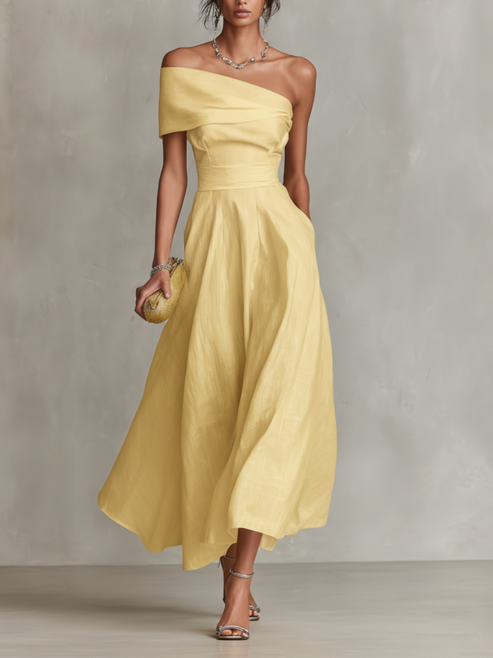 Women's Yellow Soft Dress With One-Shoulder Neckline & Fitted Waist, Timeless Elegant-Chic Style Dress