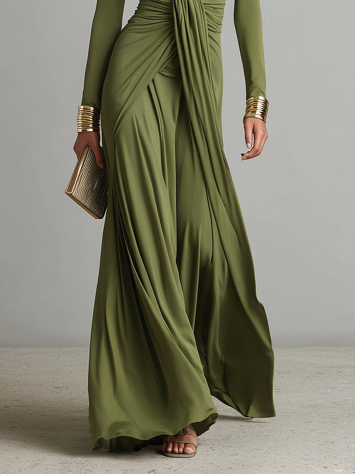 Women's Olive Silky Stretchy Dress With Deep V-Neck & Ruched Detail, Glamorous Maxi Dress