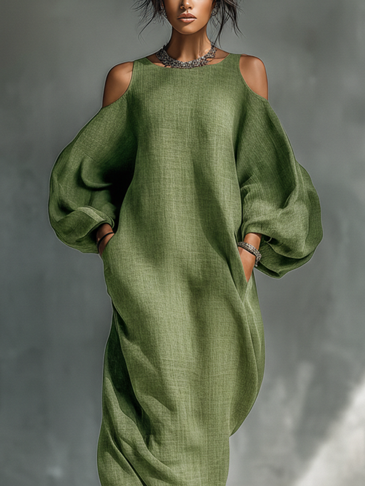 Women's Light Green Cold-Shoulder Maxi Dress With Oversized Puff Sleeves & Side Pockets