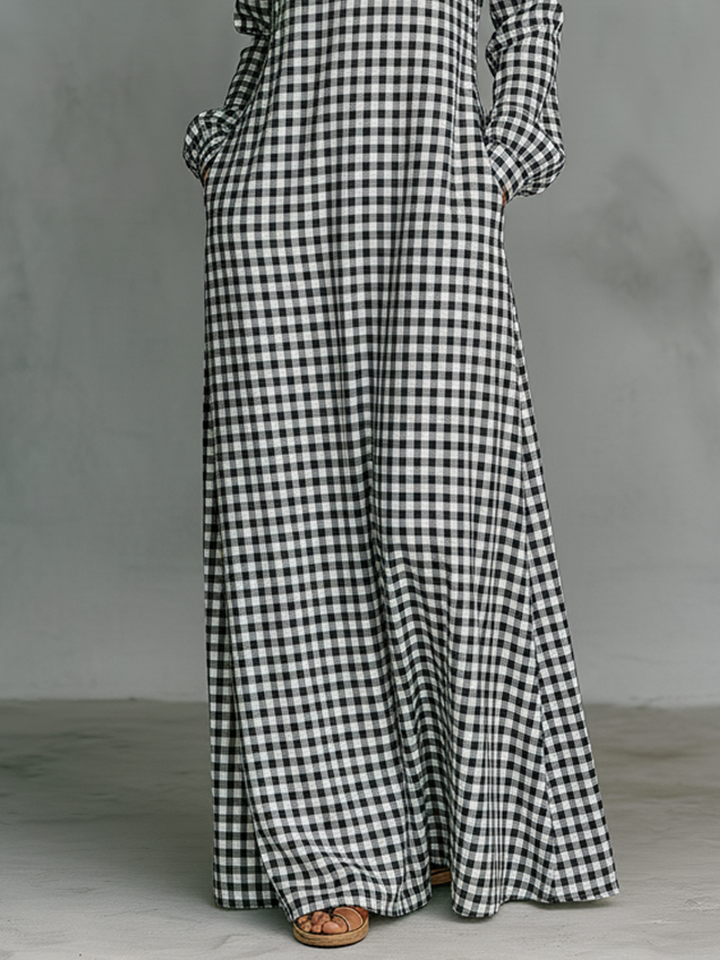 Women's Minimalist Cotton Plaid V-neck Long-sleeved Maxi Dress