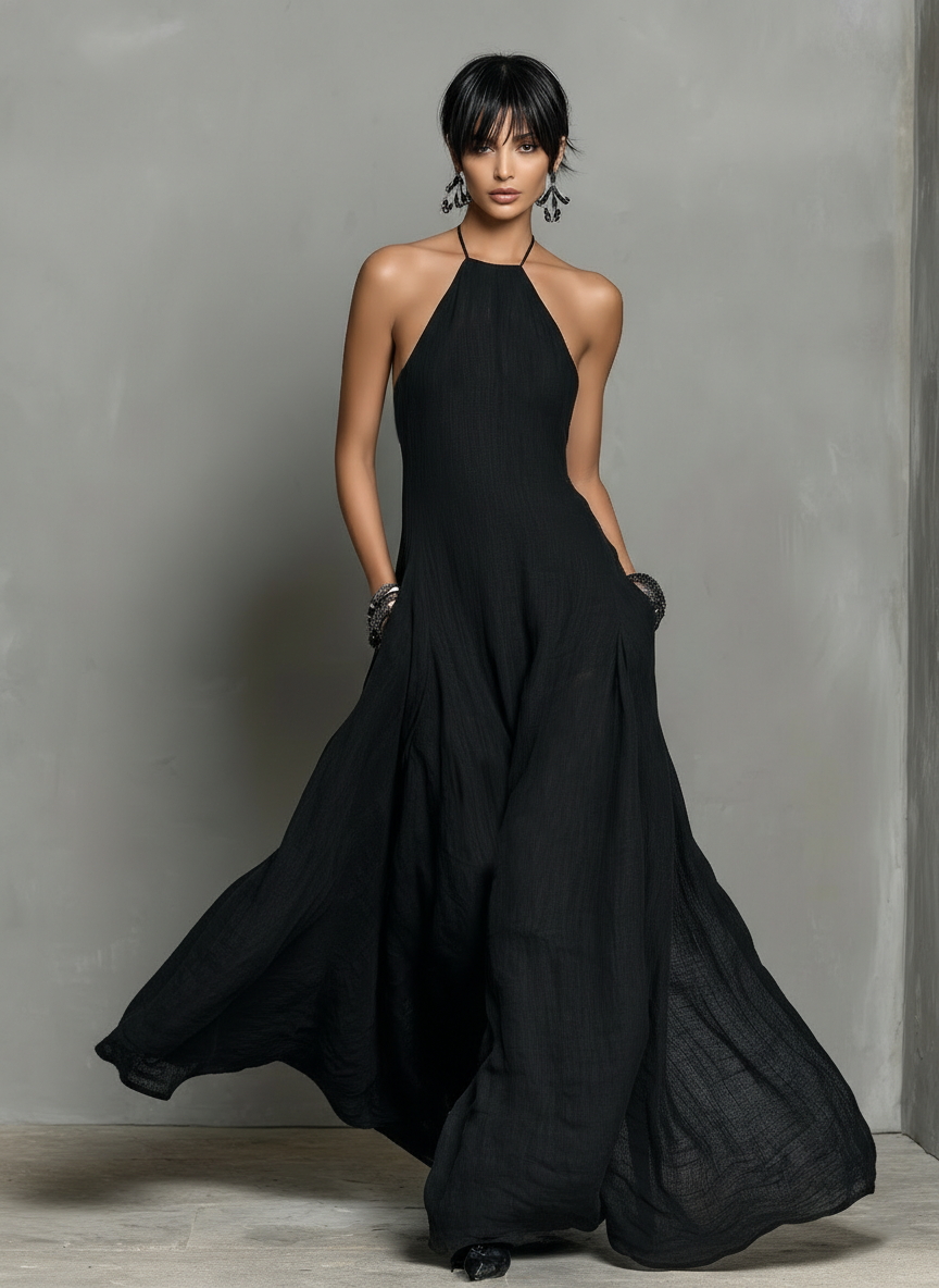 Women's Minimalist Linen Blend Halter Neck Sleeveless Maxi Dress