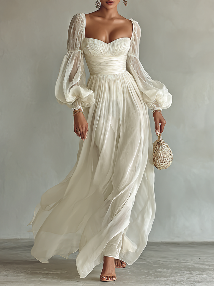 Women's Soft Fabric Square Neck Long Sleeve Waist Maxi Dress