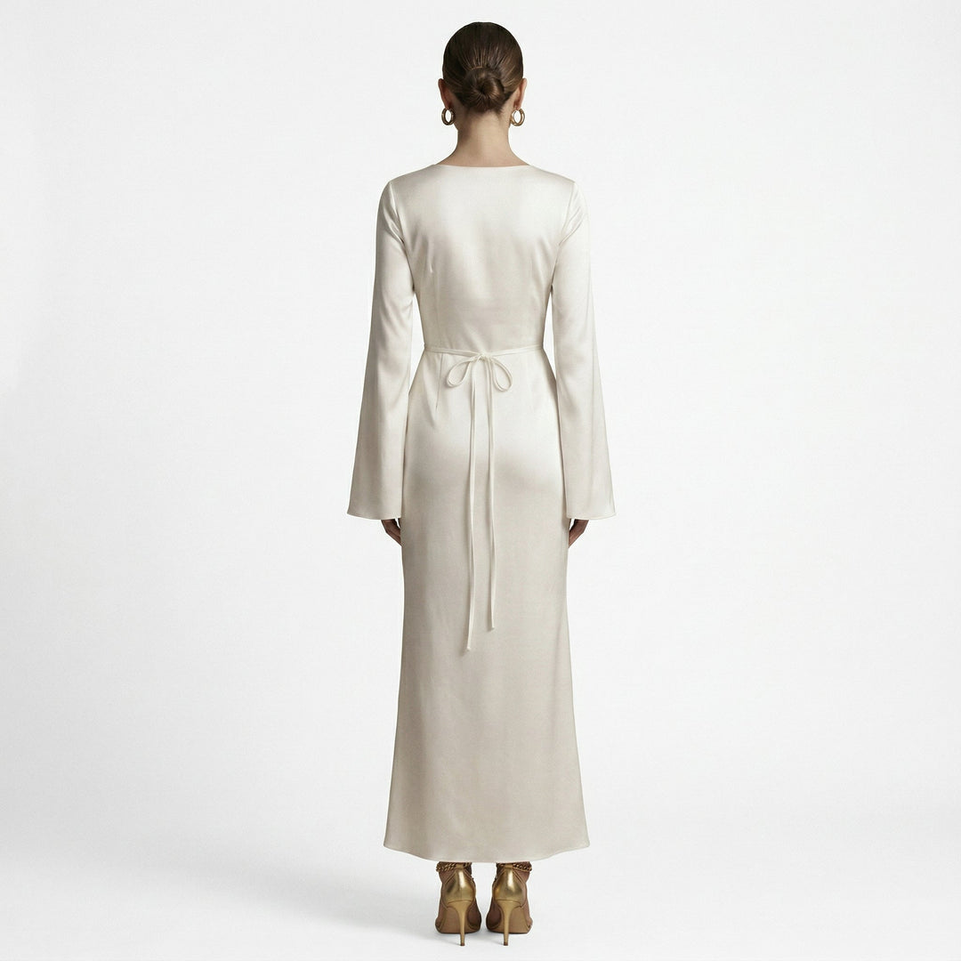 Elegant Women's Long Sleeve Maxi Dress with Tie Waist