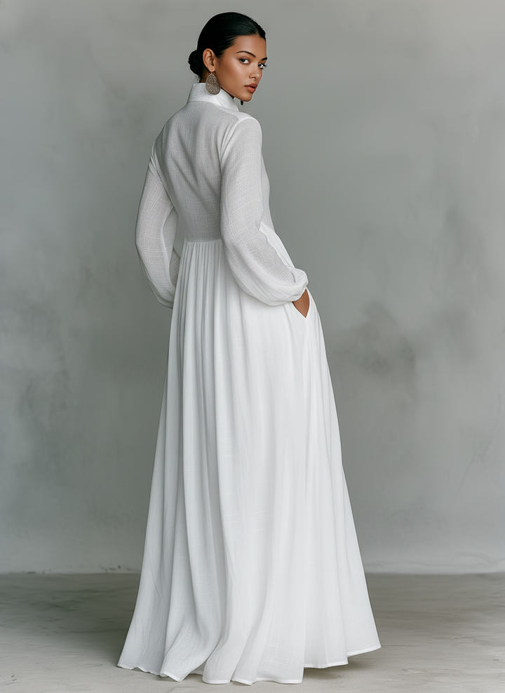 Women's Minimalist Patchwork Single-breasted Stand-up Collar Long-sleeved Maxi Dress