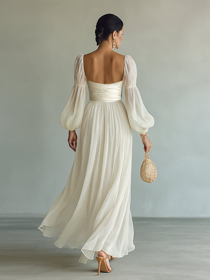 Women's Soft Fabric Square Neck Long Sleeve Waist Maxi Dress