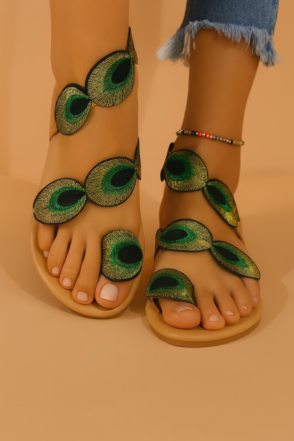 Olive| Sandals with a colorful feather motif
