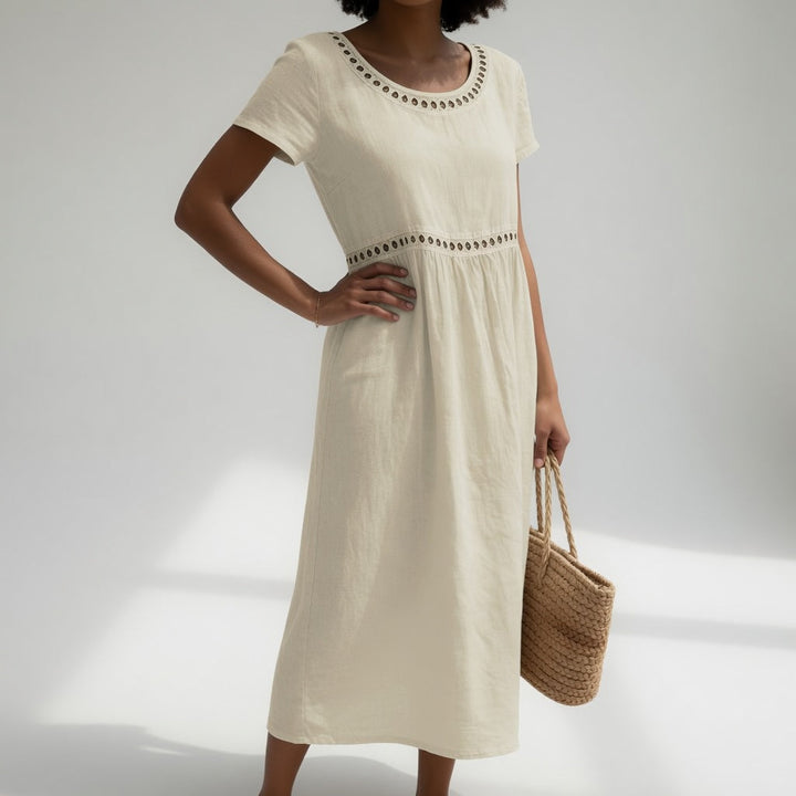 Pernelle™ — Mid-length dress 100% cotton embroidered with soft femininity
