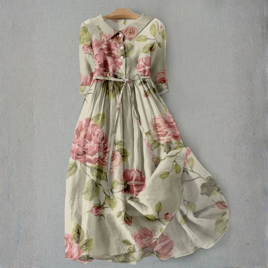 Rosalin | Vintage Rose Tie Waist Midi Dress