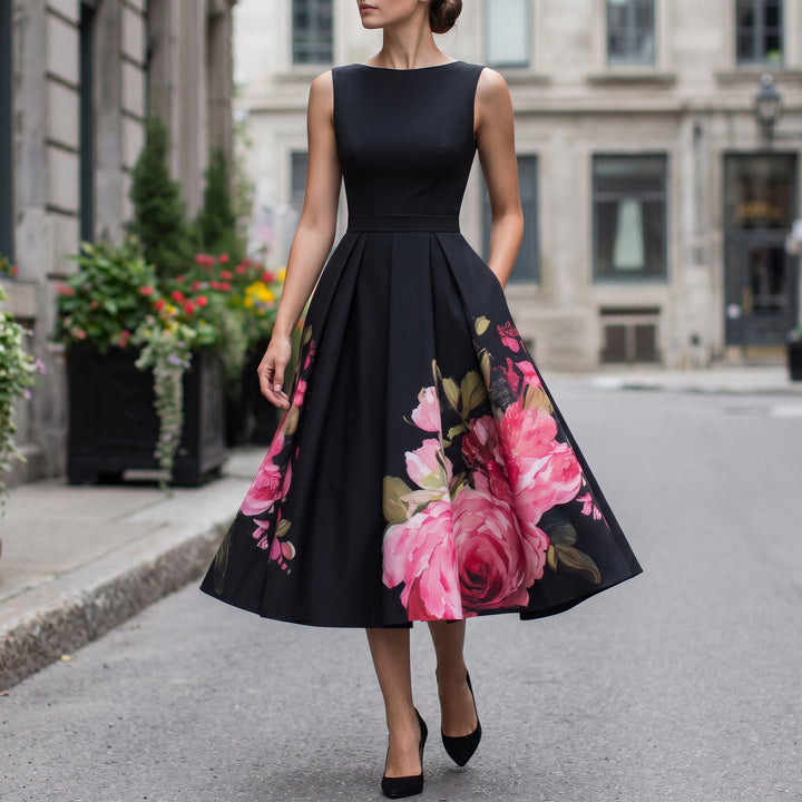 Florenne - Elegant Black Midi Cocktail Dress