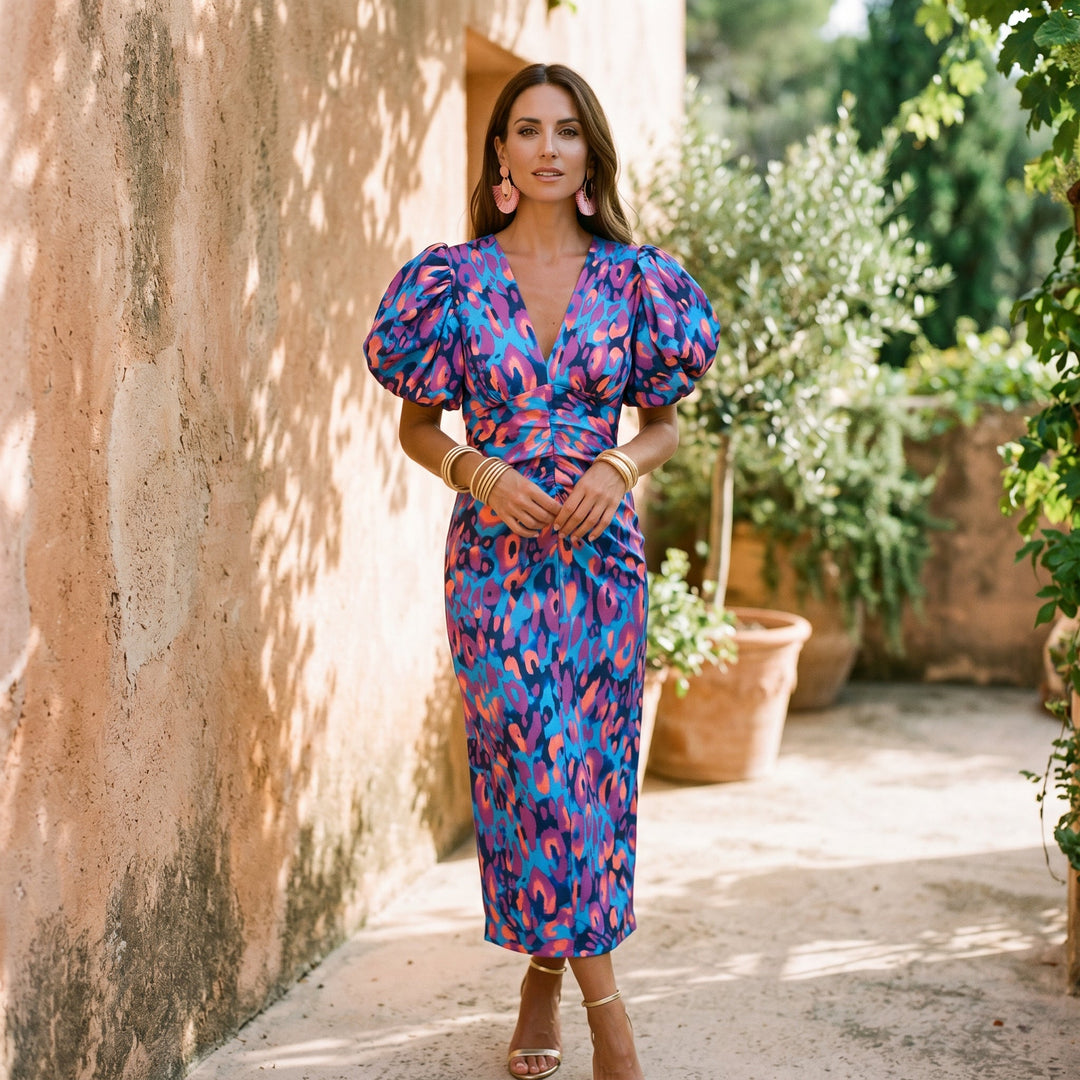 Lisbeth - Stylish Midi Dress with Puff Sleeves for Women