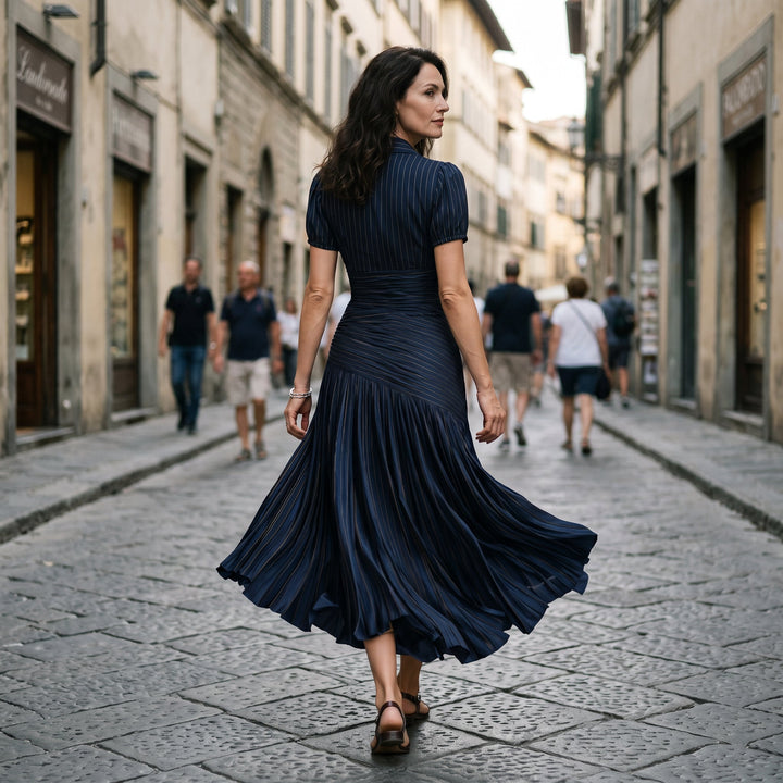 Valentina - Elegant Wedding Guest Midi Dress with Stripes