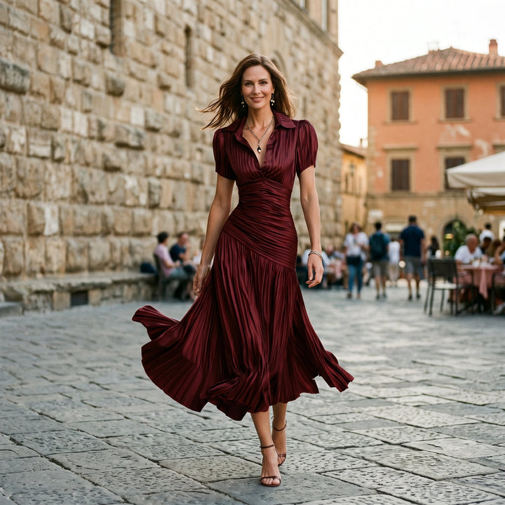 Valentina - Elegant Wedding Guest Midi Dress with Stripes