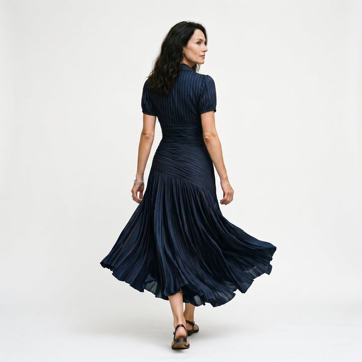 Valentina - Elegant Wedding Guest Midi Dress with Stripes