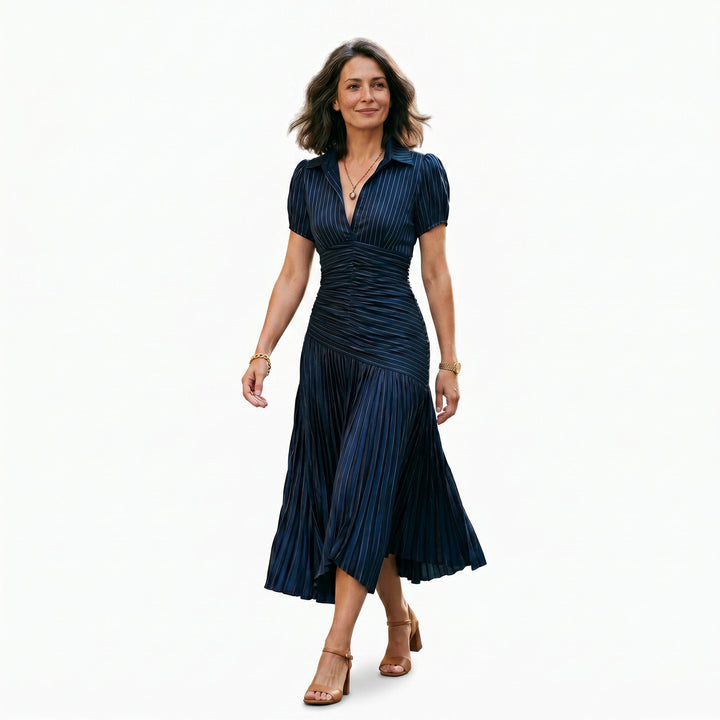 Valentina - Elegant Wedding Guest Midi Dress with Stripes