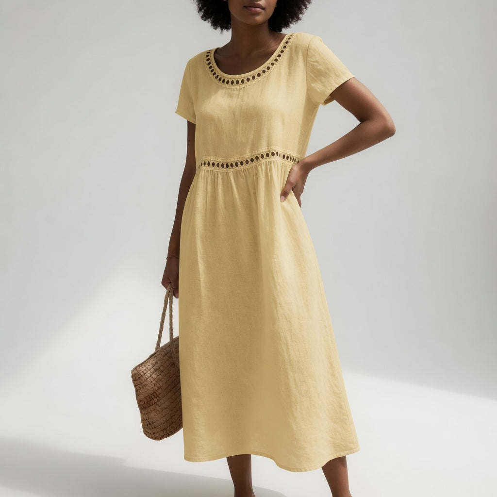 Pernelle™ — Mid-length dress 100% cotton embroidered with soft femininity